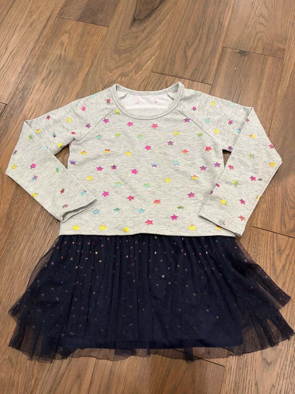 Girls Grey Star Print Sweatshirt Dress with Navy Tulle Skirt